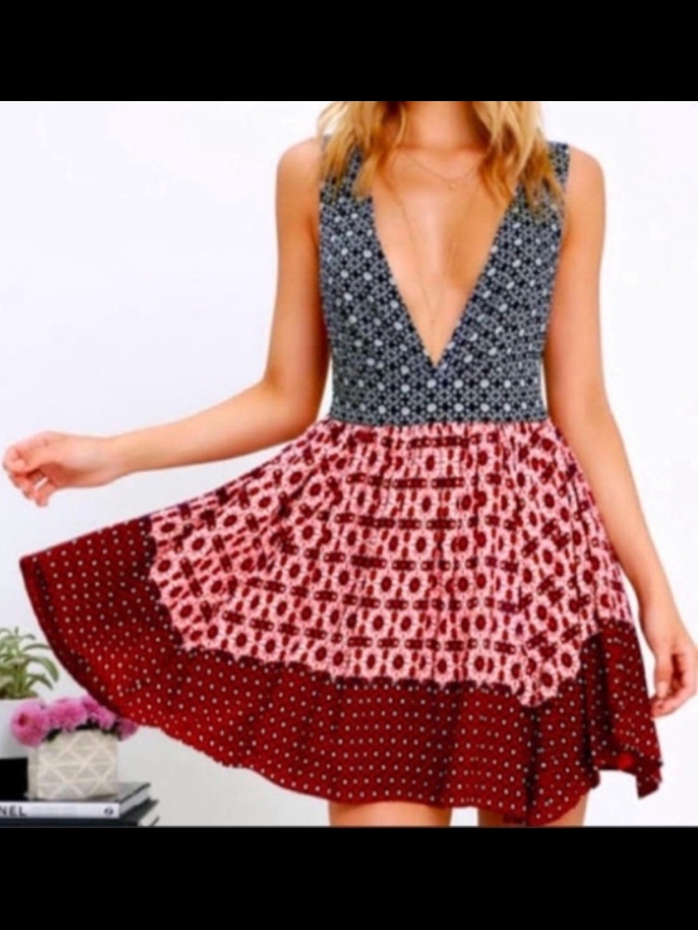 Lulu's Mixed-Print Deep V Mini Dress in Blue and Red Small NWT